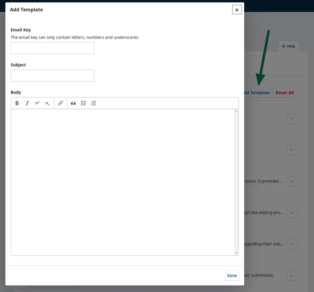 Email Templates Setting in OJS | Guide to Configure OJS Workflow Settings 8 ~ Source: OJS Dashboard (Add Email Templates in OJS Workflow Settings)