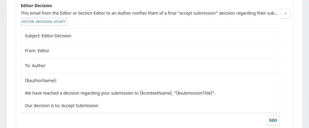 Email Templates Setting in OJS | Guide to Configure OJS Workflow Settings 3 ~ Source: OJS Dashboard (Editor Decision Email Template in Workflow setting)