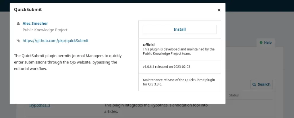 Source: OJS Dashboard (Quick Submit Plugin Installation)